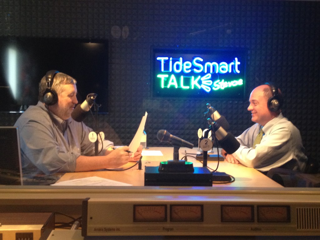 Host of TideSmart Talk with Stevoe, Steve Woods, sits with President & CEO of Camden National Bank, Greg Dufour (at right).